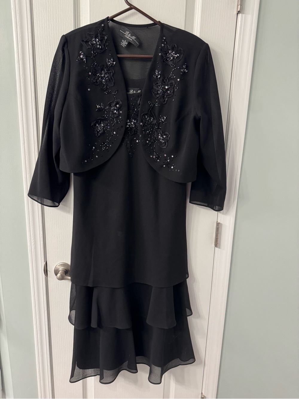 R & M Collection Black Beaded Floral Evening Dress